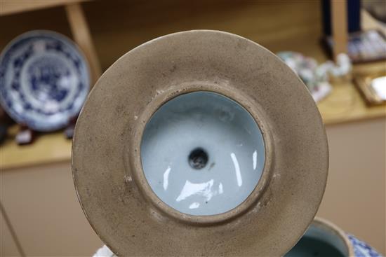 A Chinese blue and white shuangxi jar and cover, wood stand height excl. stand 40cm